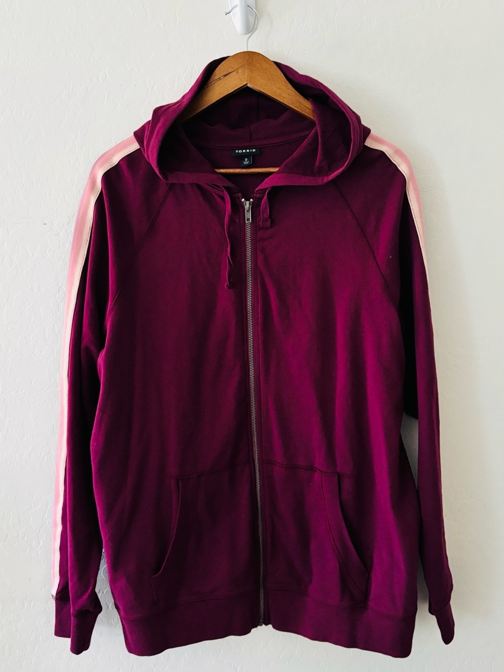 Torrid Burgundy Zip Up Hoodie Jacket Pink Stripe Sleeve Plus Size 0
